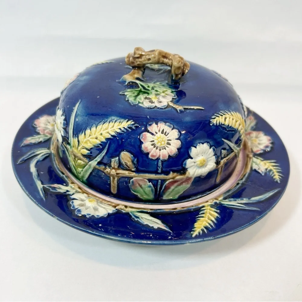 Antique George Jones Majolica Cobalt Muffin Dish & Cover, Victorian 1870’s